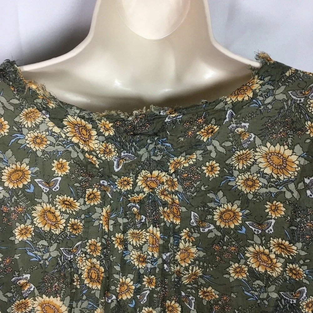 Natural Life Sunflower Butterfly Cotton Tunic Top L/XL Olive Green Boho Frayed